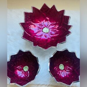 Julia Knight Poinsettia Bowl Set of 3 Pomegranate Red Enamel Silver Trim 9” & 6”